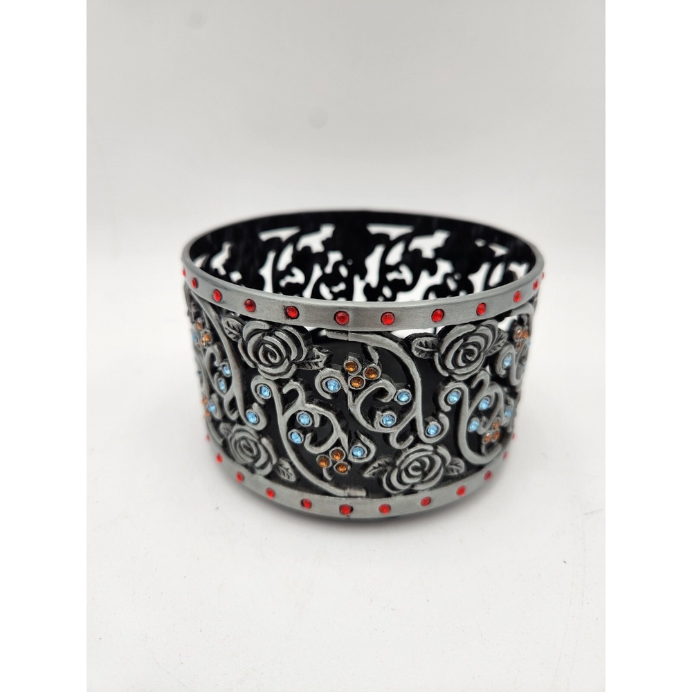 Vintage Silver Tone Footed Metal Wine Coaster Blue‎ And red Rhinestone Sparkle